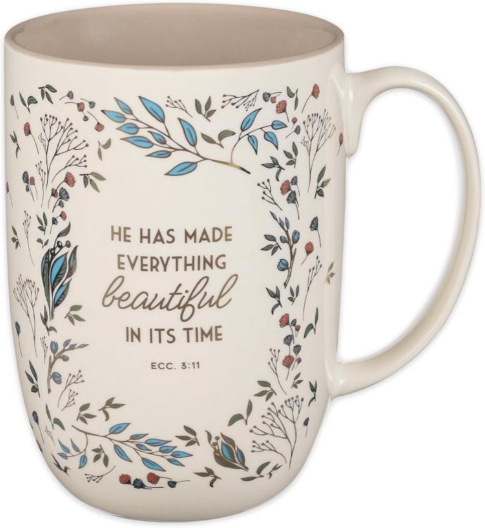 1220000327559 Everything Beautiful Cream Floral Ceramic Coffee Mug Ecclesiastes 3:11